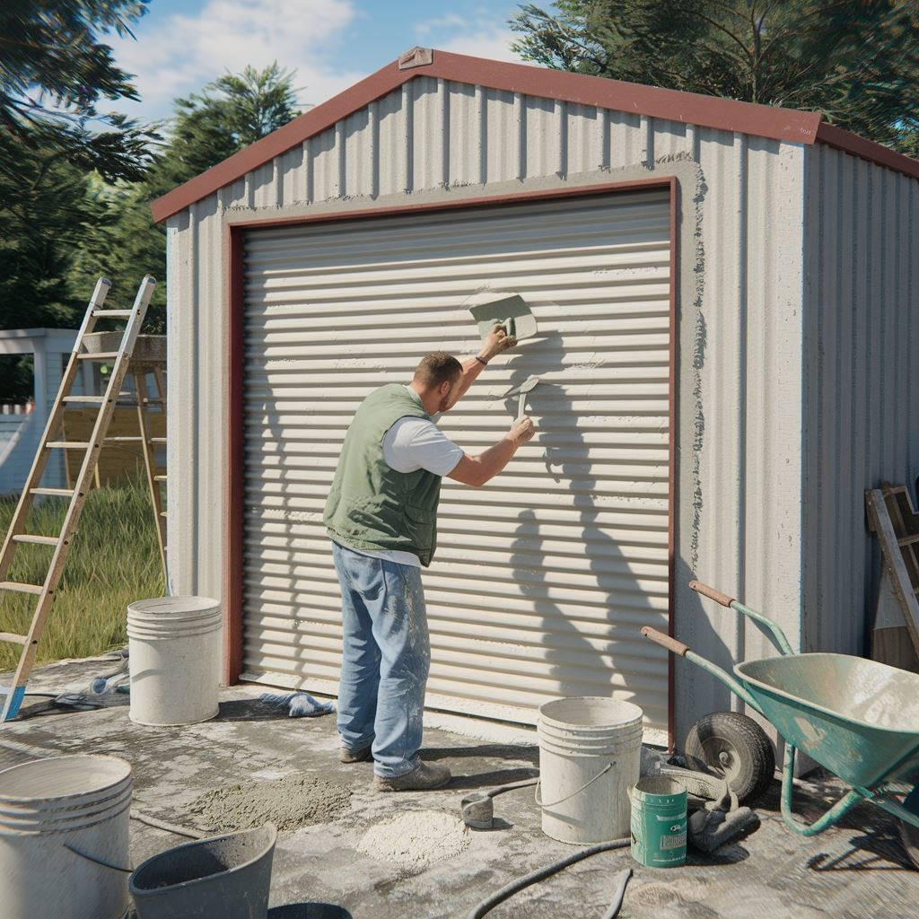 applying cement on garage exterior
